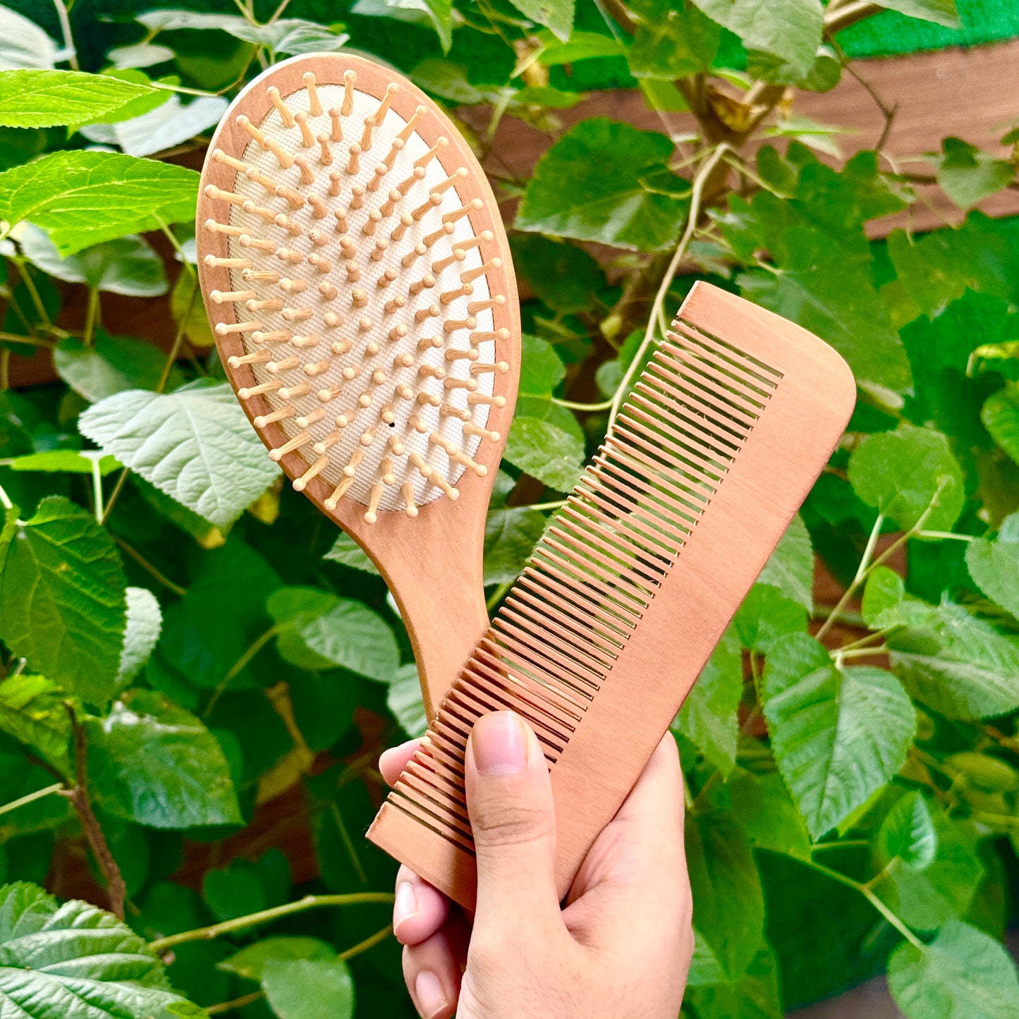 Premium Wooden Hair Brush & Comb Set – Natural Finish for Hair