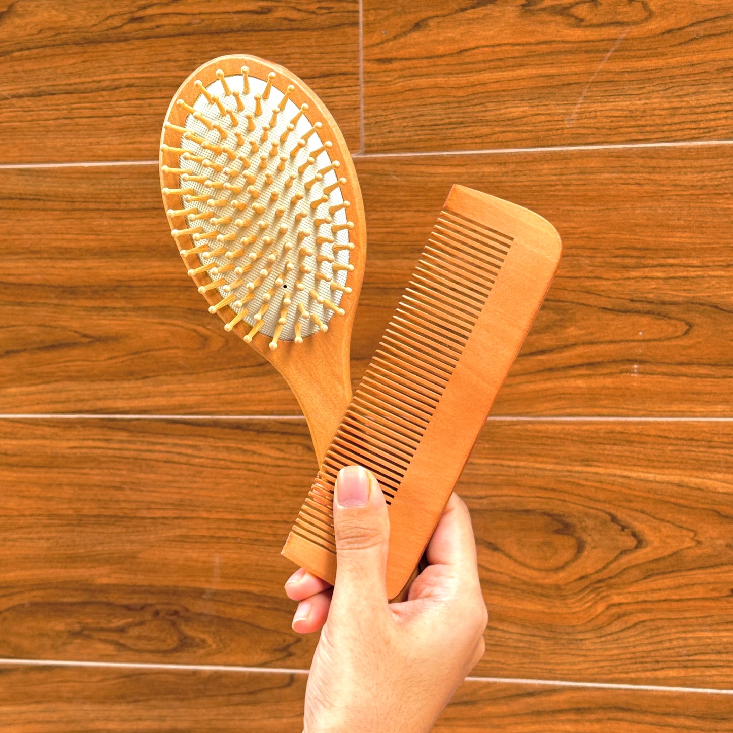 Premium Wooden Hair Brush & Comb Set – Natural Finish for Hair